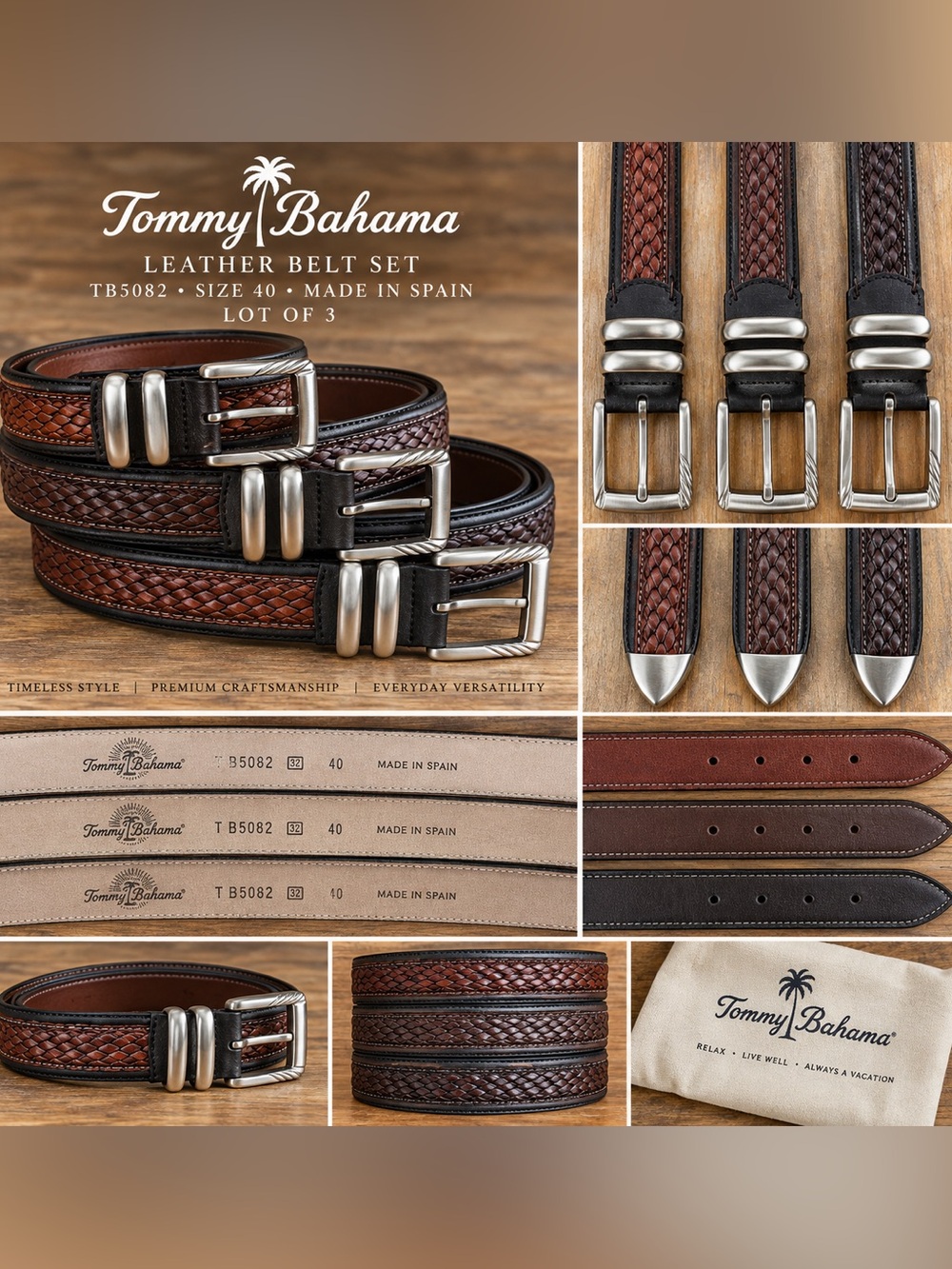 Tommy Bahama TB5082 Leather Belt Lot of 3 Size 40 Made in Spain